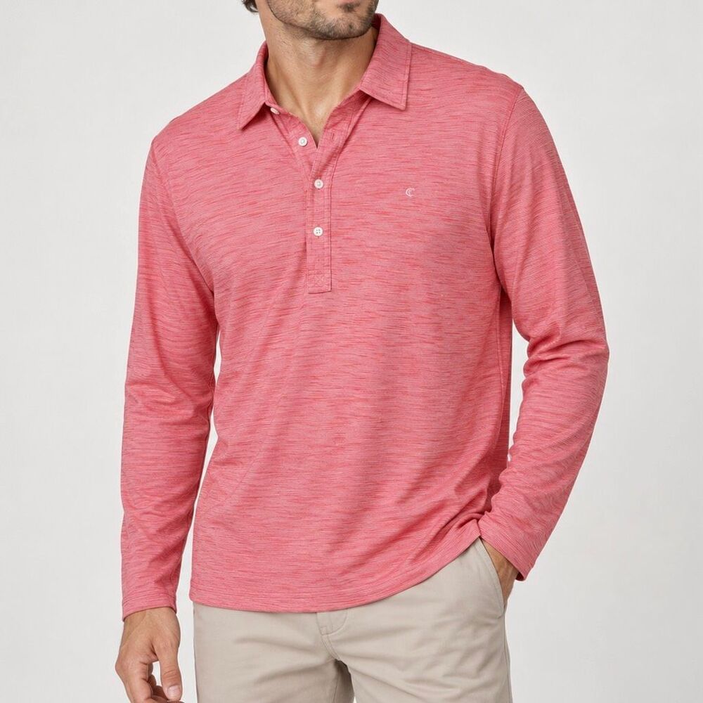 Criquet Coral Pink Microstripe Long Sleeve Golf Polo Shirt Men Medium